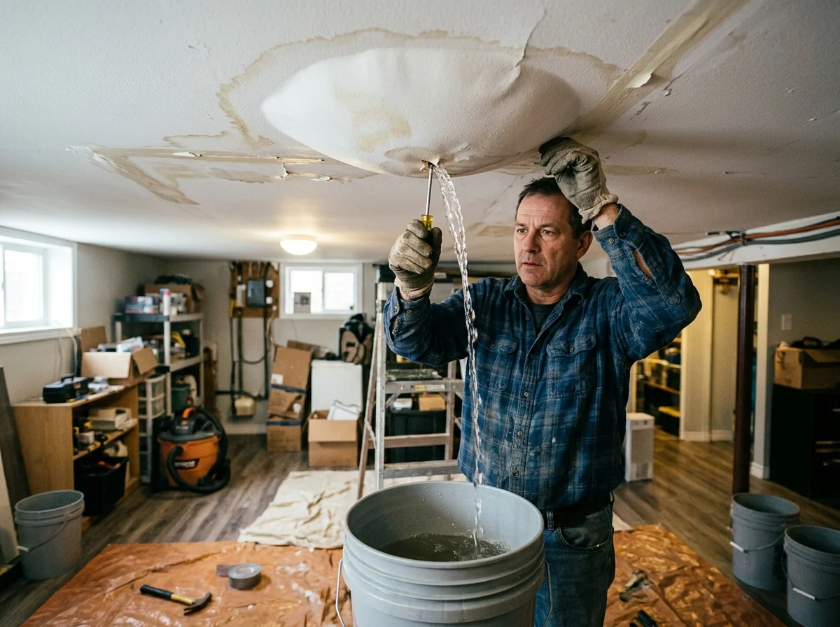 Draining water bubble from sagging ceiling drywall into bucket