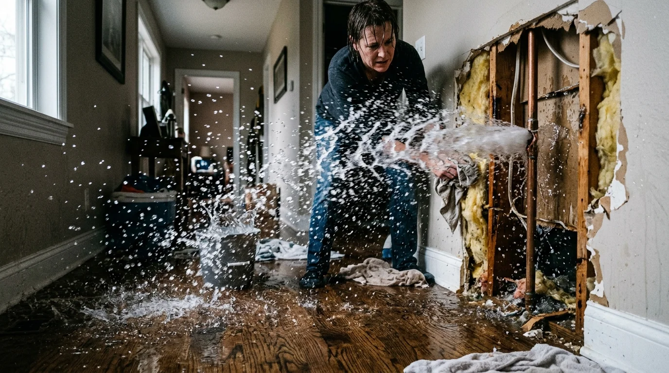 High pressure water spraying from ruptured copper pipe during winter thaw