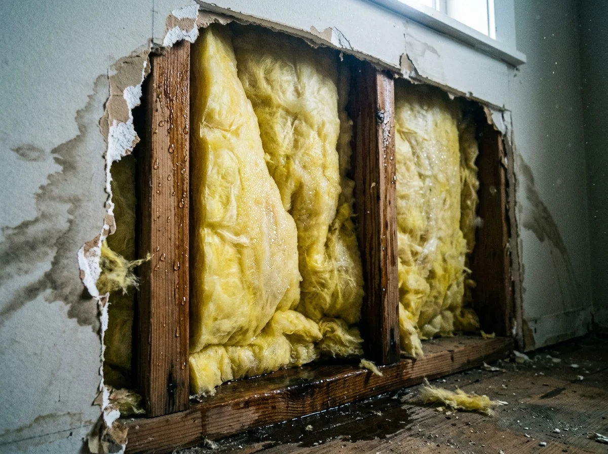 Saturated fiberglass insulation sagging between wet wall studs