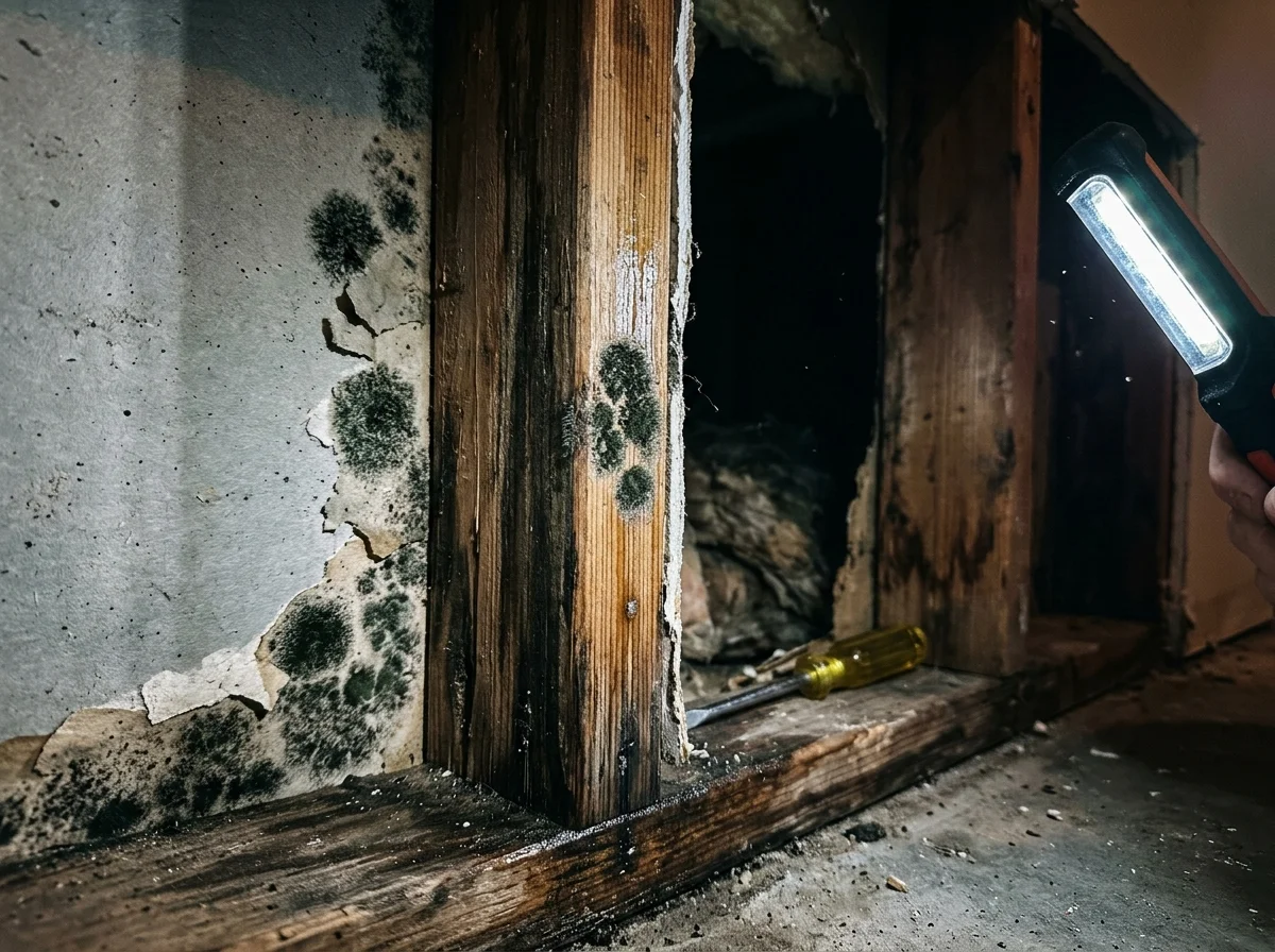 Microbial growth and mold in damp wall cavity 24 to 48 hours after pipe burst