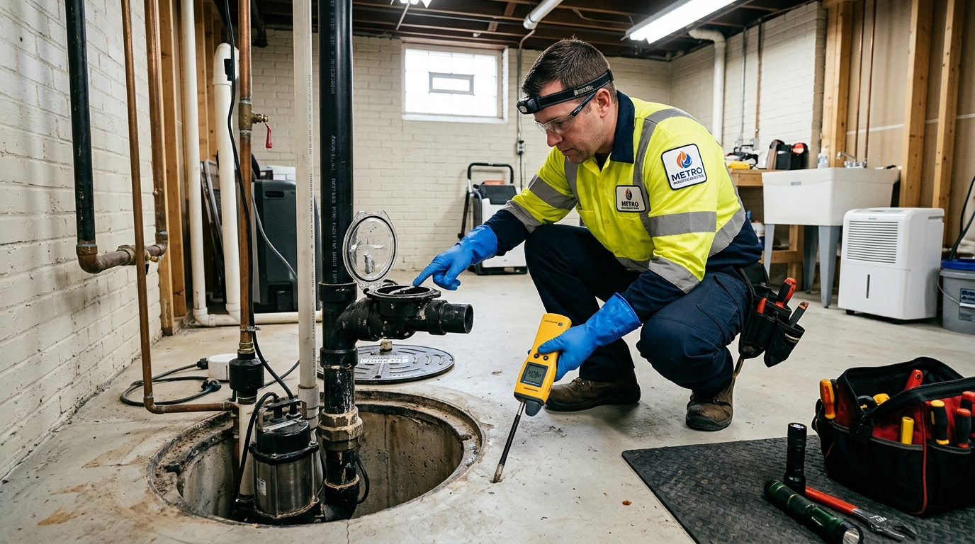 Restoration technician inspecting a basement overhead sewer backwater valve and sump pit in a Chicago residential property
