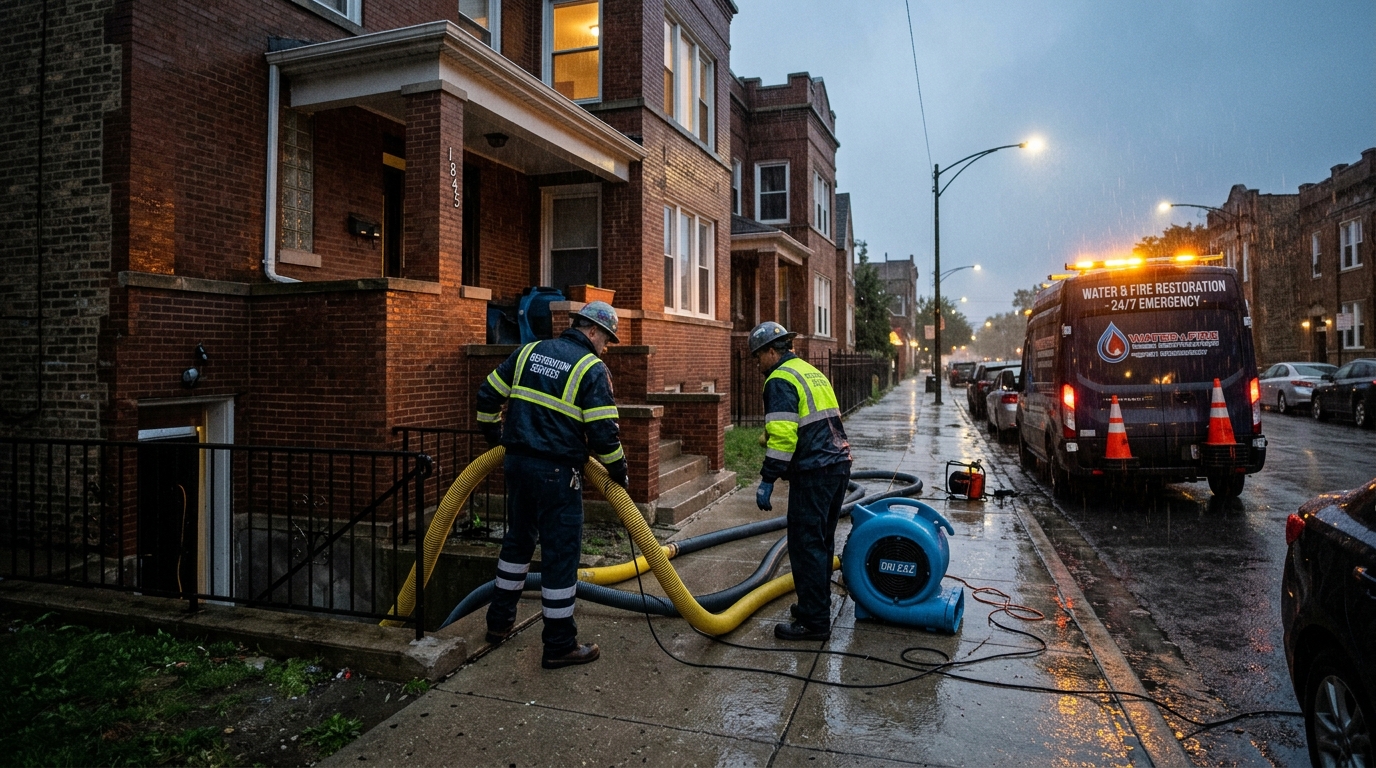 Emergency water extraction crew running vacuum lines into a Chicago two-flat building during severe evening rainstorm
