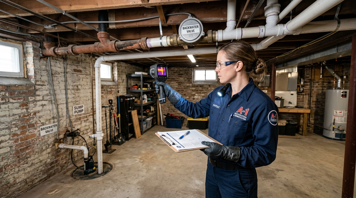 Professional water damage restoration technician inspecting basement plumbing, sump pump, and backwater valve in a Chicago bungalow