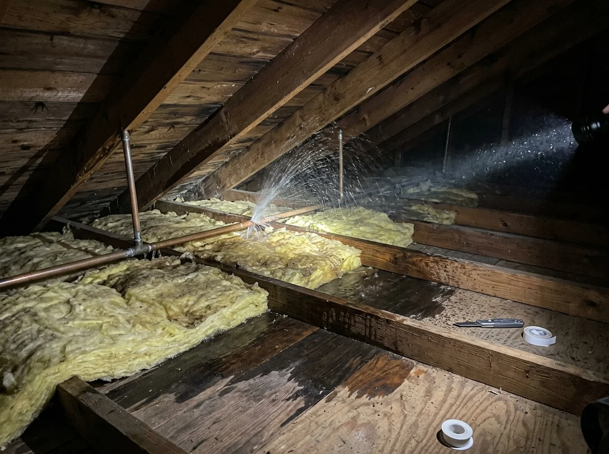 Unheated attic rafters and burst pipe soaking insulation