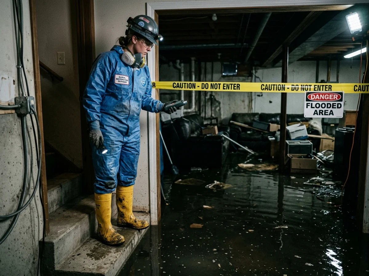 Restoration technician in protective gear warning occupants away from sewage water