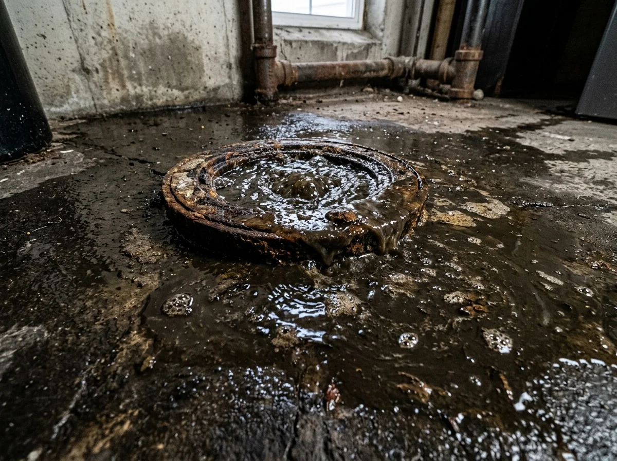 Murky sewage water bubbling up through cast iron basement floor drain