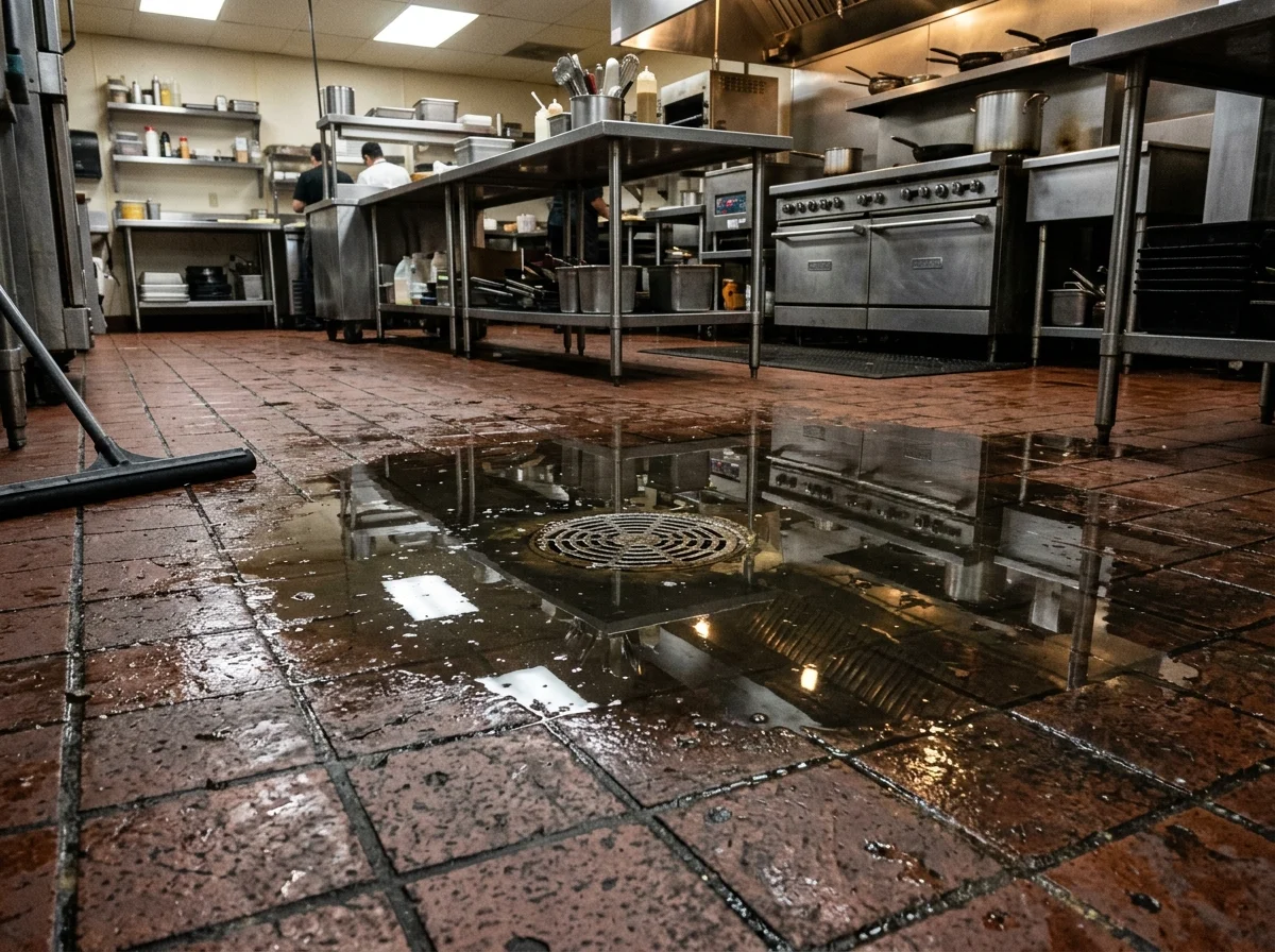 Commercial restaurant kitchen floor with backed-up drain water