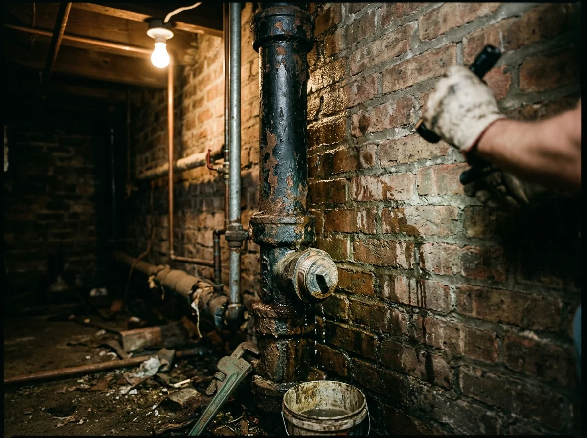 Vertical soil stack leaking contaminated sewage in multi-family building