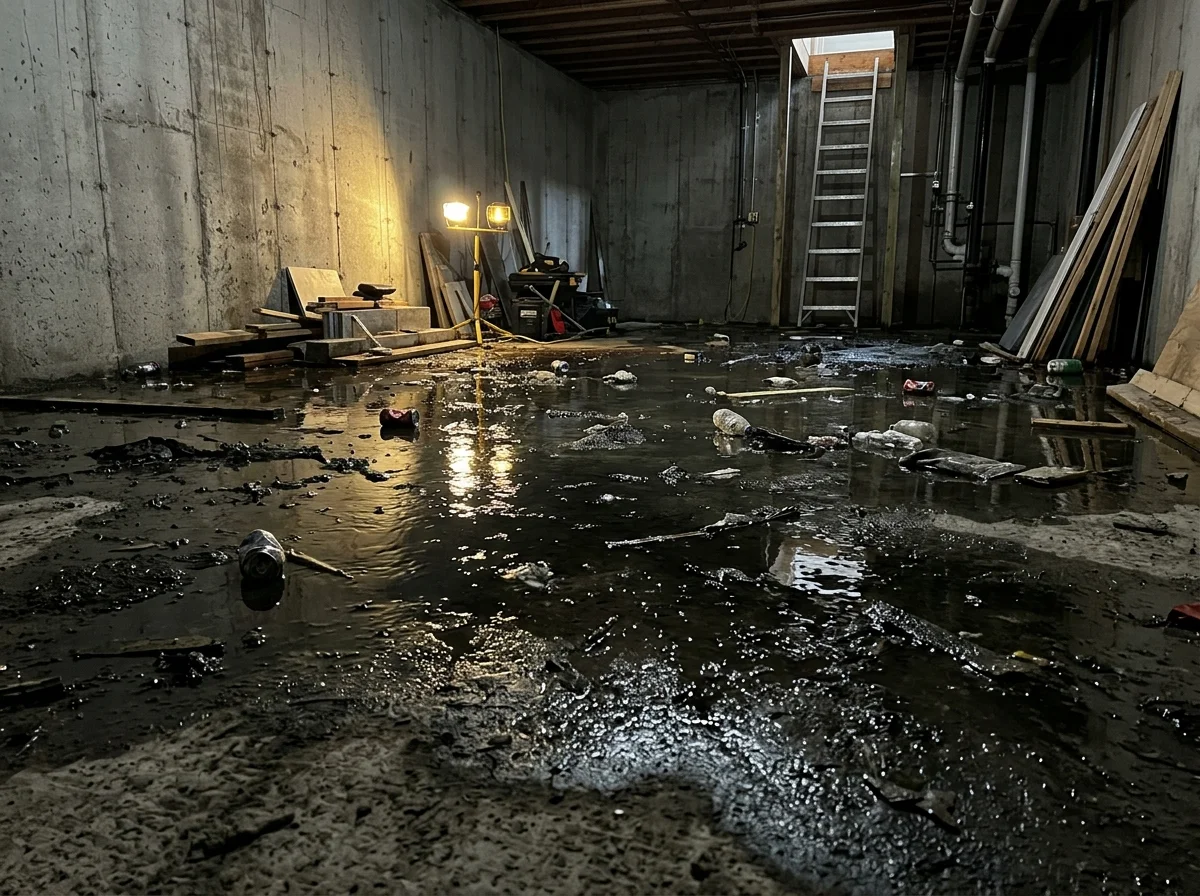 Raw sewage and blackwater pooling across basement concrete slab