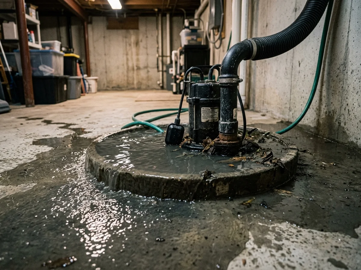 Basement sump pump basin overflowing with murky sewage mixture