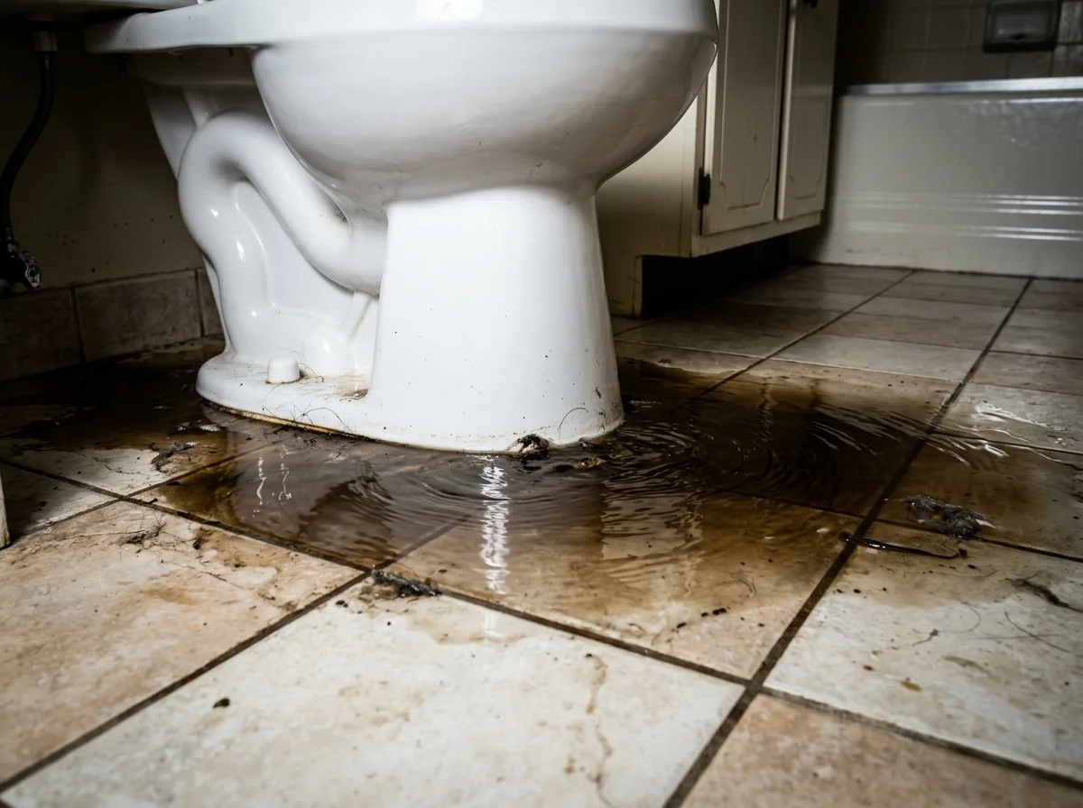 Contaminated toilet water overflow flooding bathroom tile floor