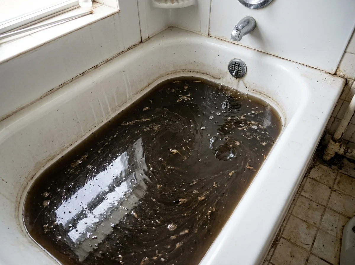 Contaminated dark blackwater rising in bathtub shower drain