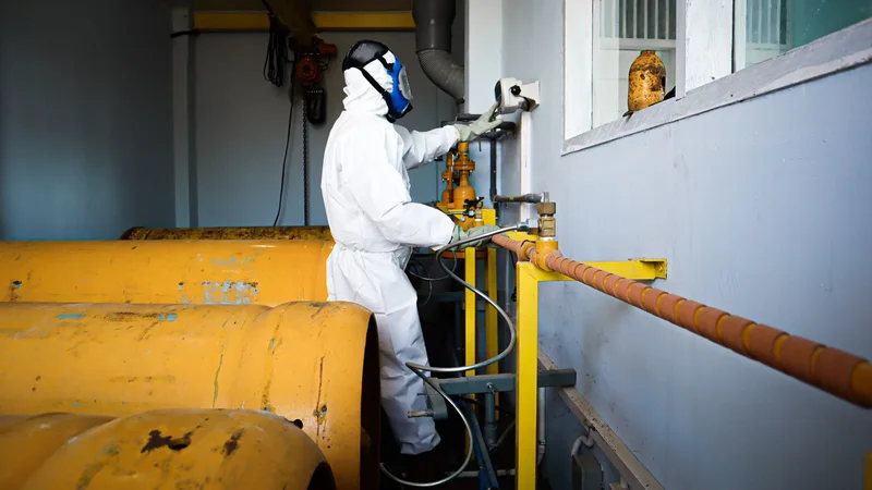 Restoration technician applying hospital-grade antimicrobial disinfectant spray